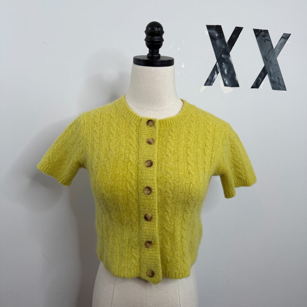 TACH Chartreuse Yellow Alpaca Blend Cable Knit Short Sleeve Cropped Cardigan M